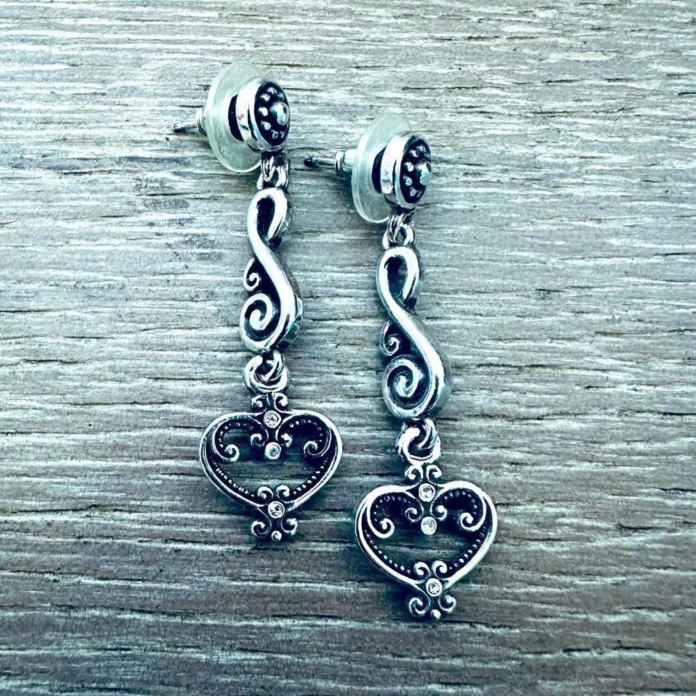 Brighton Silver Scroll Crystal Heart Drop Earrings